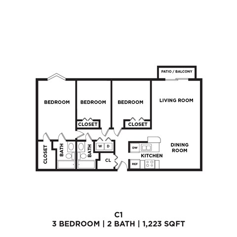 A floor plan of a 3 bedroom apartment with 2 bathrooms.